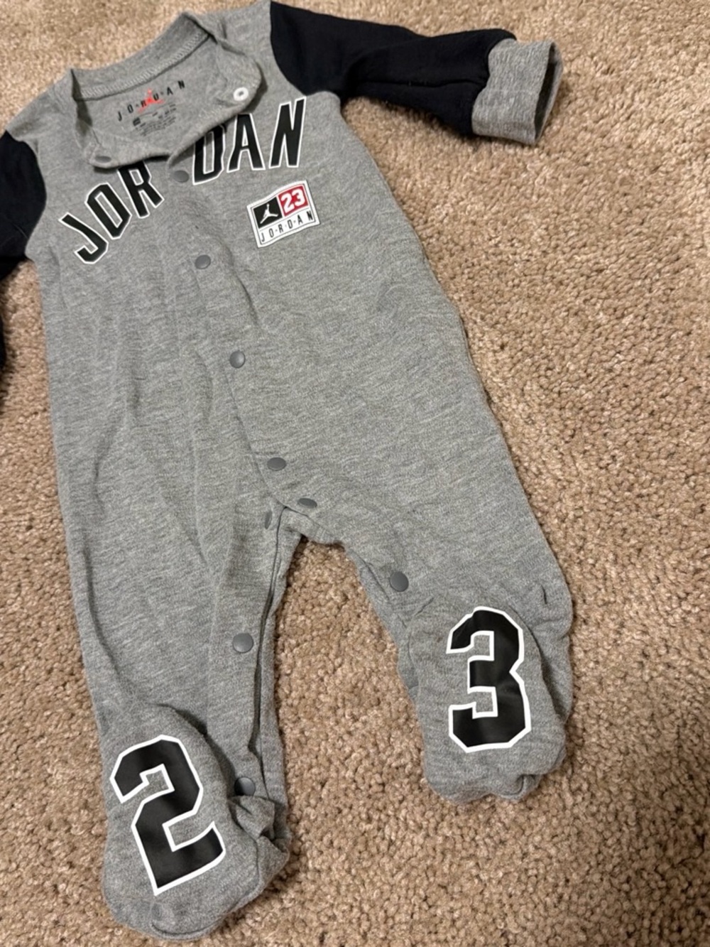 Two Jordan Grey & Black Baby One-Piece Footed Romper